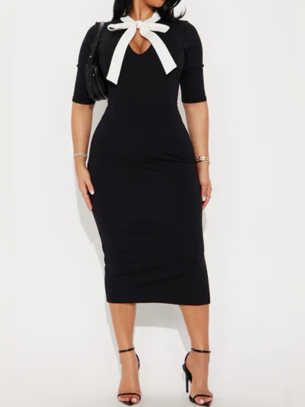 Fashion Nova Black Midi Dress with White Tie Neck